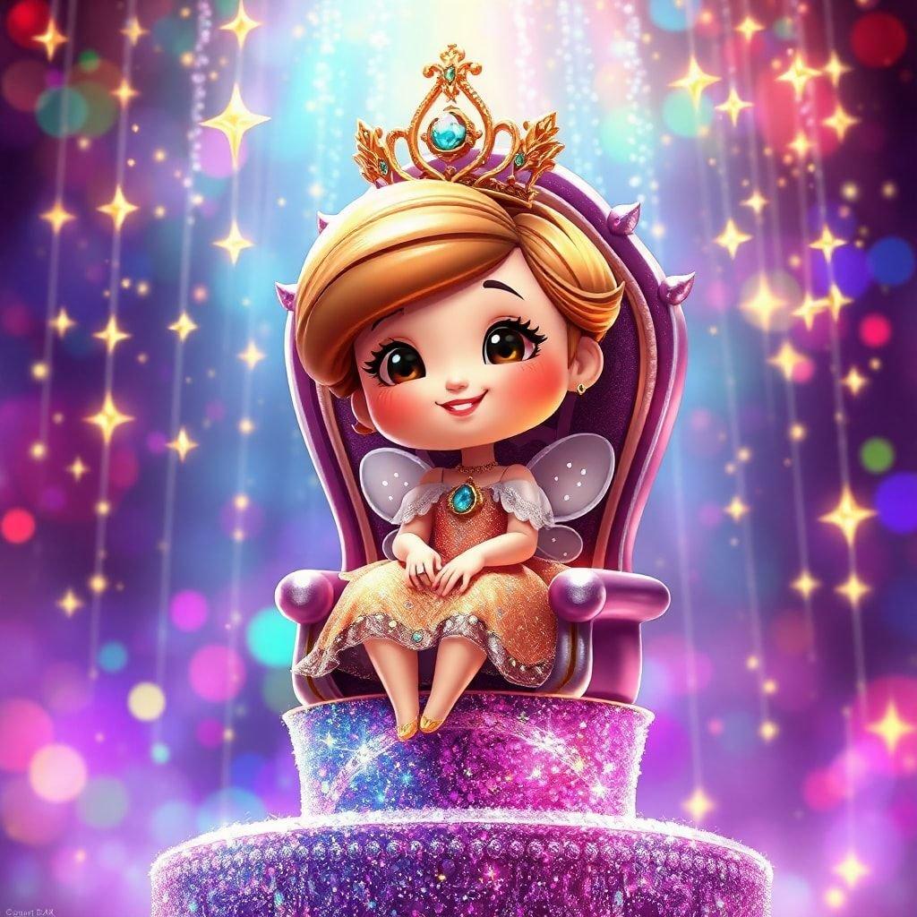 A charming scene of a young princess celebrating her birthday with a delightful cake.