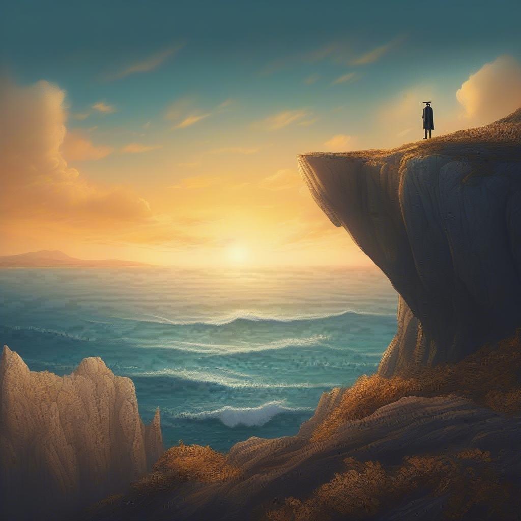 A stunning wallpaper featuring a person standing on a cliff overlooking the ocean at sunset, wearing a graduation cap and gown.