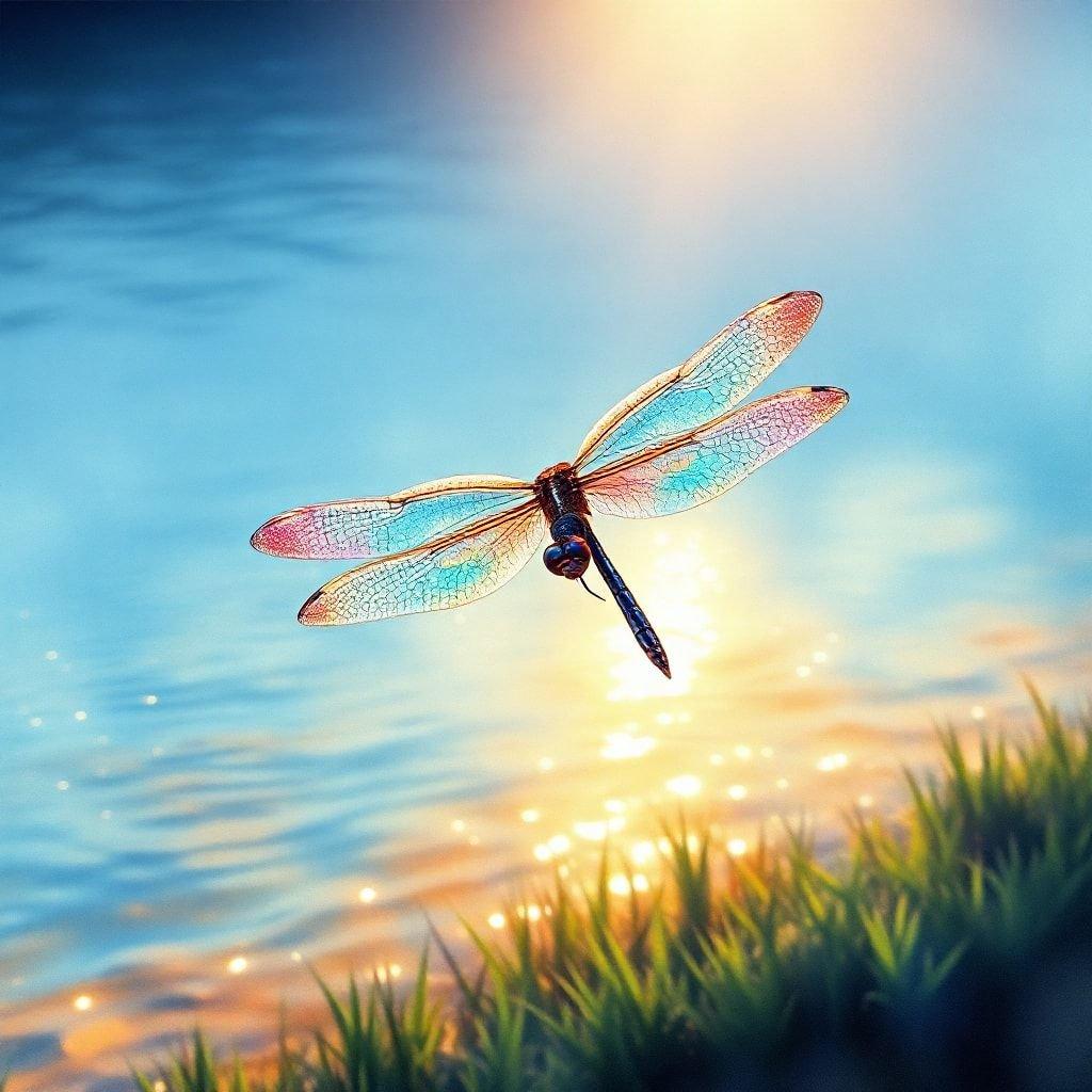 This serene scene captures the grace of nature, with a dragonfly soaring above a still pond at sunset. The warm glow of the setting sun casts long shadows and creates a tranquil atmosphere perfect for meditation or deep reflection.