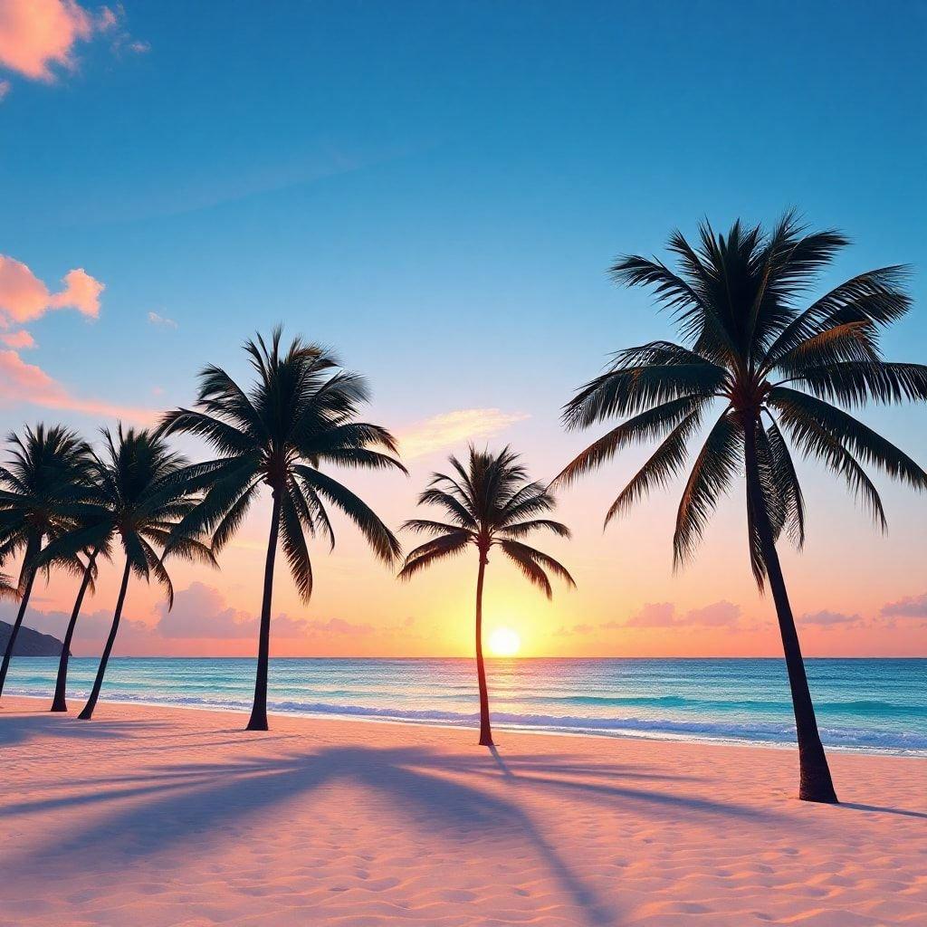 Solnedgång över en vacker tropisk strand med palmer på sandstranden, idealisk bakgrund för avkoppling.