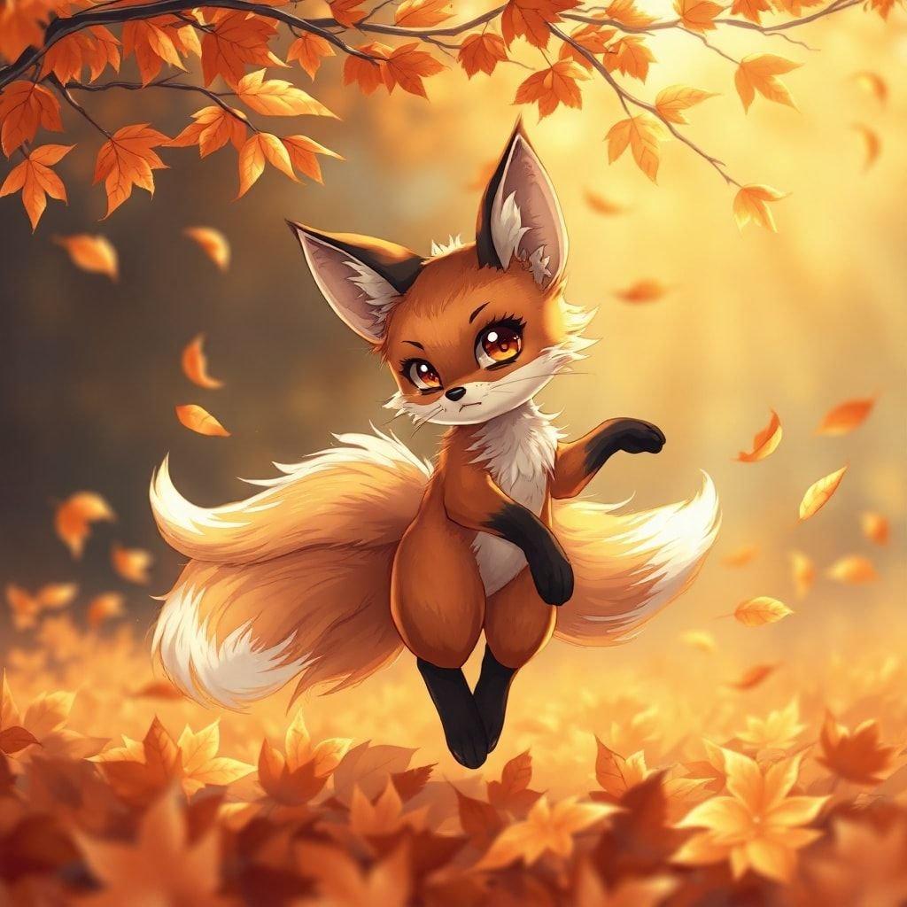 This wallpaper features a beautiful anime illustration of a delicate fox spirit, its fur a kaleidoscope of browns, oranges, and yellows, dancing in a field of autumn leaves. The focus is on the fox's expressive eyes, with a blurred background, creating an animated effect.