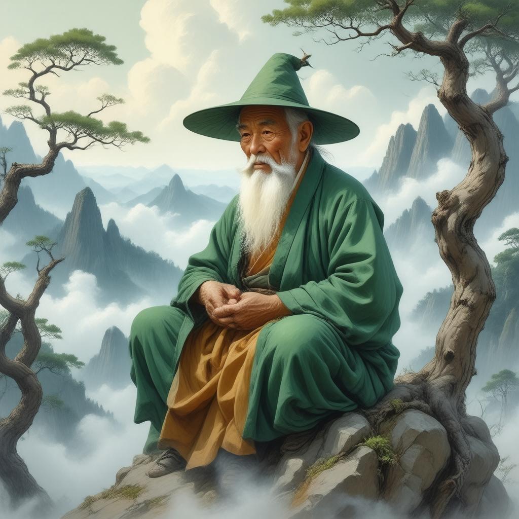 Immerse yourself in the serene beauty of this anime-inspired wallpaper, where an elderly man sits atop a mountain peak, surrounded by mist, ancient trees, and a breathtaking sky.