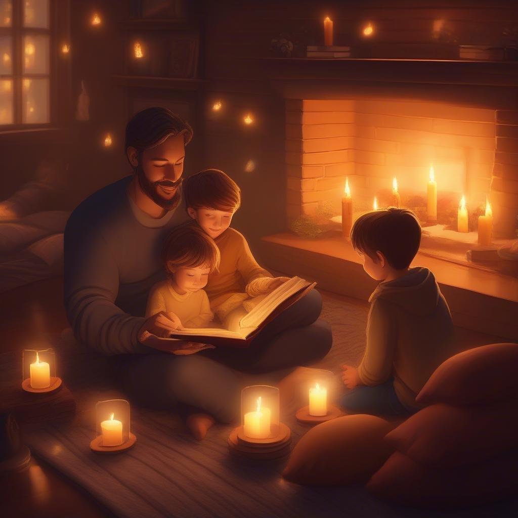 A heartwarming scene of a father reading to his children by the soft glow of candlelight, making this a perfect Father's Day wallpaper.