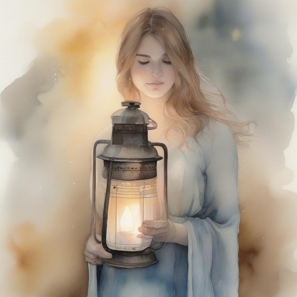 A serene moment captured, as a young woman embraces the warmth of a lantern amidst a mystical backdrop. Hold close to the light in times of quiet reflection.