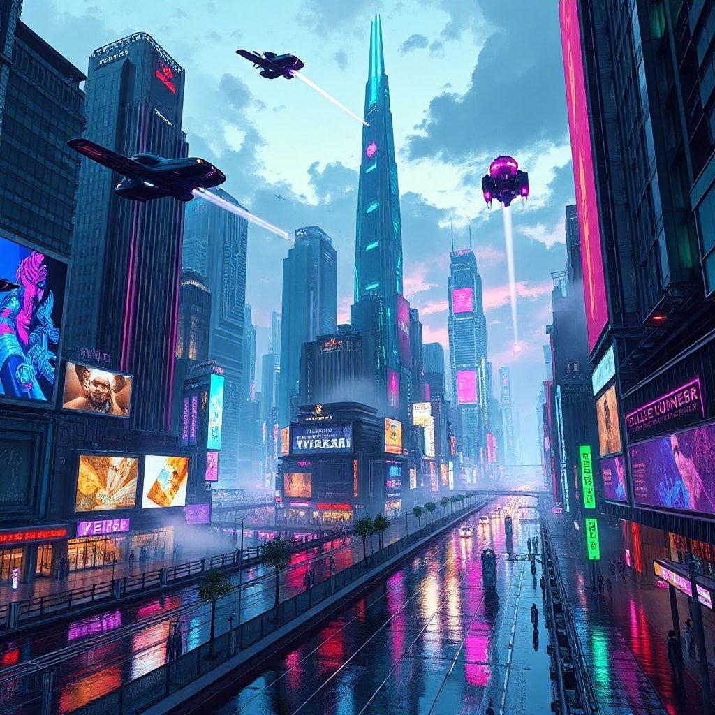 A futuristic metropolis on a rainy night, illuminated by neon lights and towering skyscrapers. A squadron of flying vehicles patrols the sky.