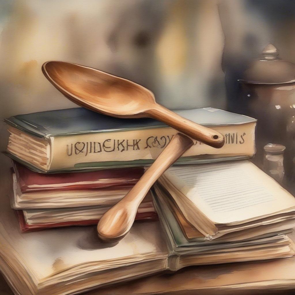 A cozy scene of wooden spoons resting atop an array of books, perhaps suggesting a cookbook author's personal collection. The stacked books hint at a love for literature or culinary knowledge.