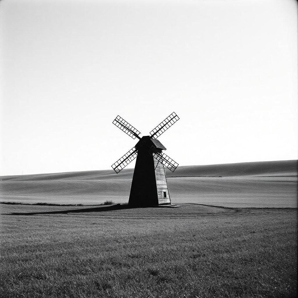 This stunning wallpaper showcases a windmill standing tall in a lush field of grass, surrounded by other structures and trees. The image exudes a sense of tranquility and serenity, making it perfect for desktop and mobile use.