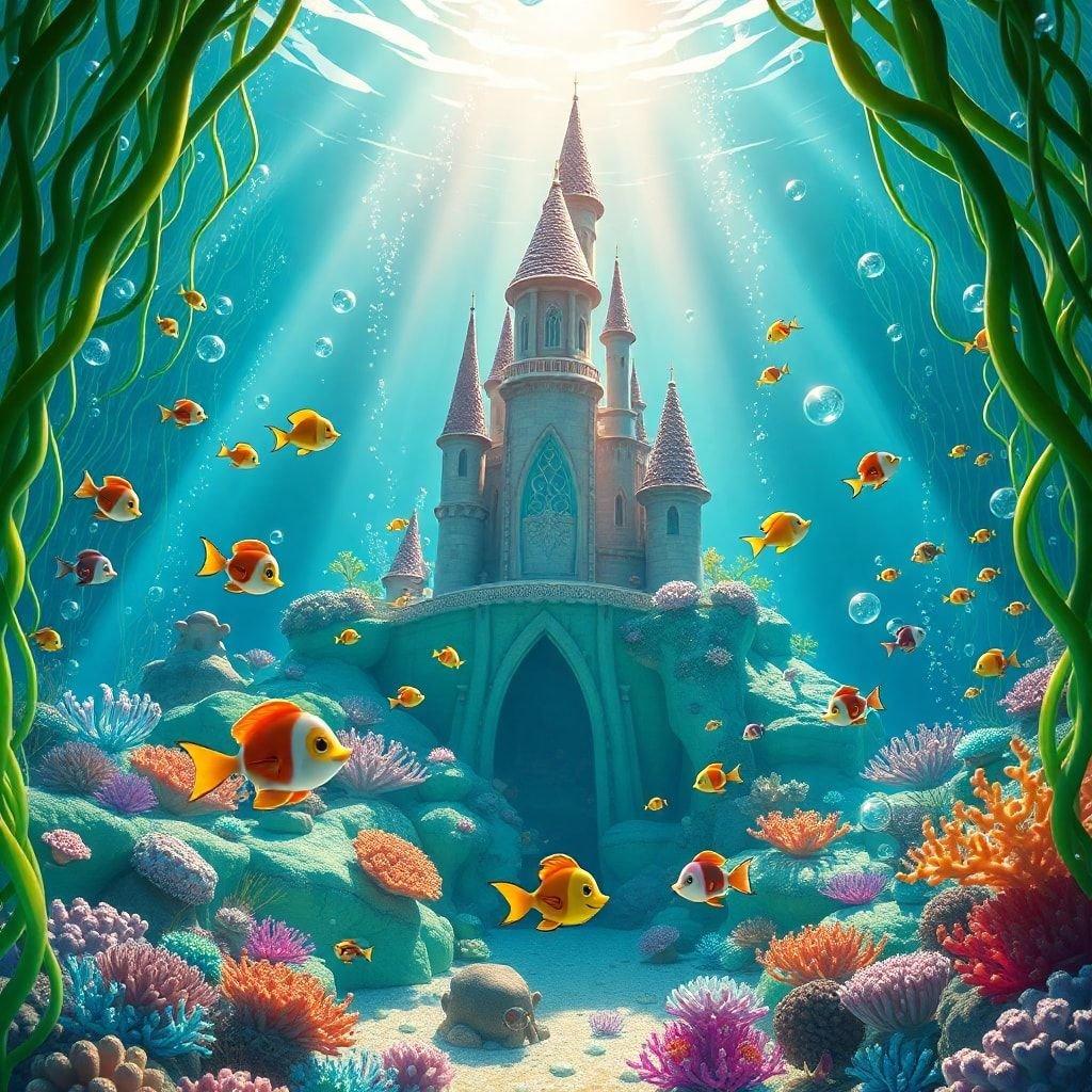 Enter into a magical world beneath the sea, where an enchanting castle stands as the centerpiece. Schools of vibrant fish dance around it, creating a serene and whimsical scene that's straight out of your favorite fairy tales.