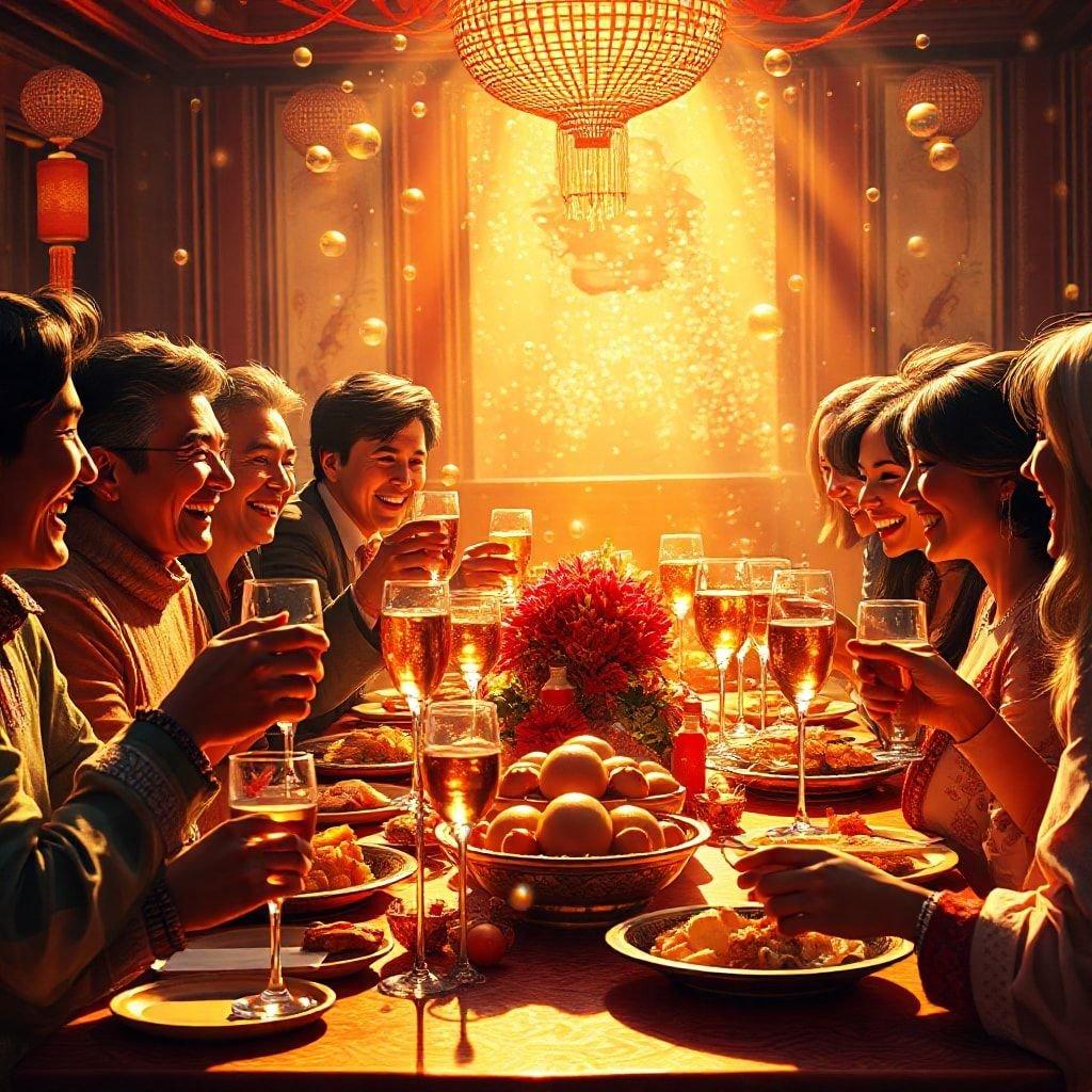 Friends and family gathered around the table, sharing laughter, good food, and champagne toasts. The warmth of their smiles and the glow from the candles light up the room as they usher in a new year with joy and gratitude.