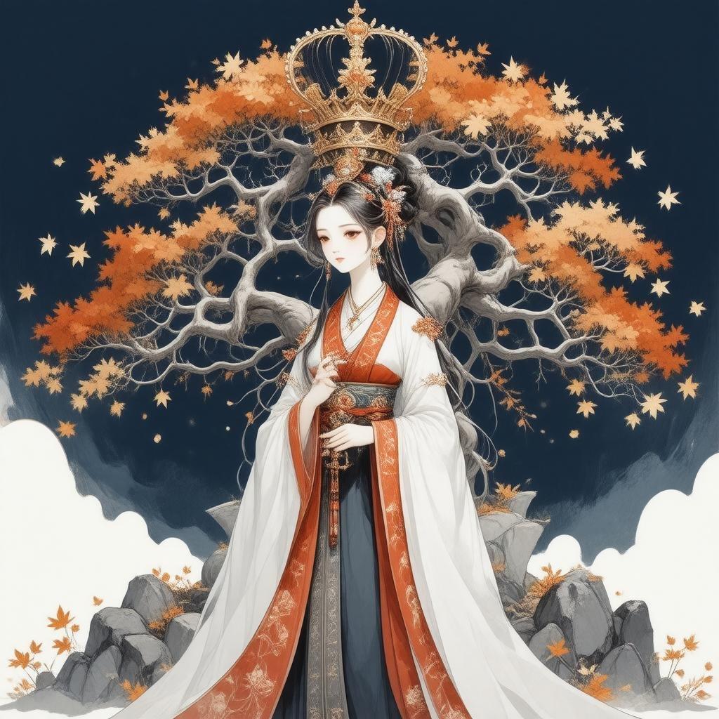 一幅迷人的动漫插图，描绘了一位身穿传统日本服饰的高贵女性，背景是一棵复杂的树，树上有一顶威严的王冠，四周环绕着秋天的落叶，散发着优雅和神秘感。