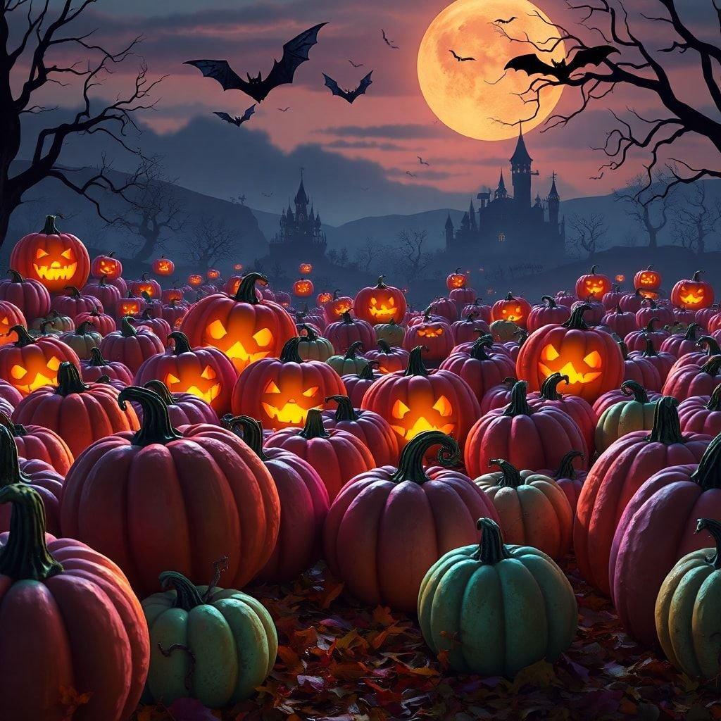 Illuminated jack-o'-lanterns in front of a haunting Halloween sky, with distant castle silhouette.