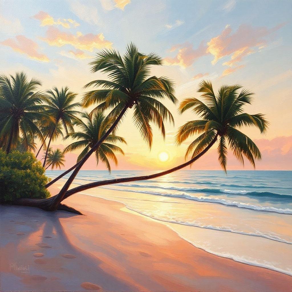 Immerse yourself in the tranquil scene of a tropical beach at sunset, with palm trees swaying gently by the shore. Perfect wallpaper for a relaxing desktop or mobile backdrop.