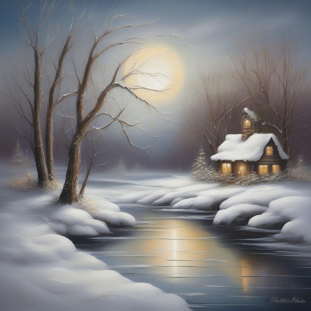 A serene snowy night with a house nestled amongst the trees, overlooking a calm body of water, under the watchful gaze of the full moon.