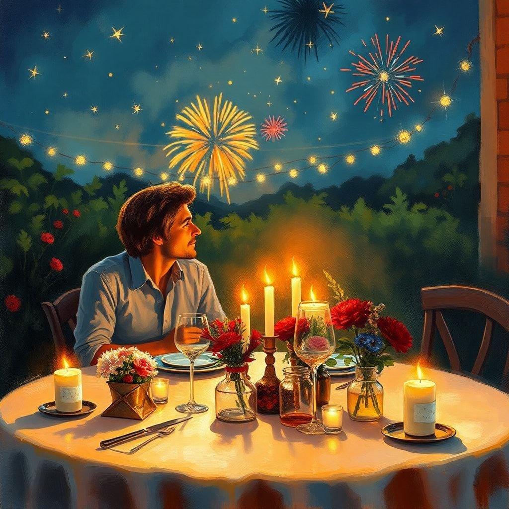 A man and woman enjoy a romantic evening at an outdoor restaurant as fireworks explode overhead, celebrating the Fourth of July.