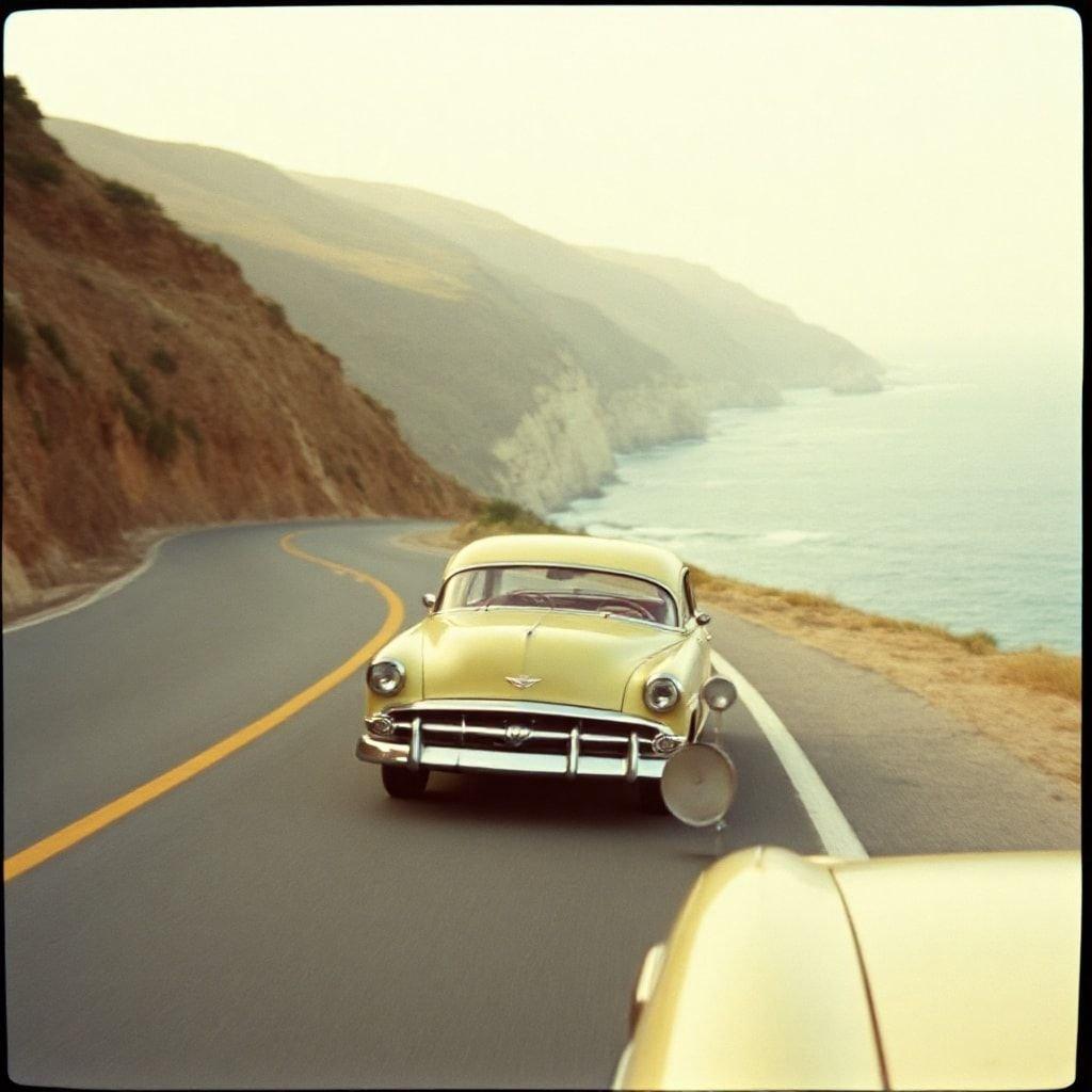 This image captures the serenity of a coastal drive on a sunny day, with the ocean stretching out to the horizon and the road winding its way through the scenic landscape.