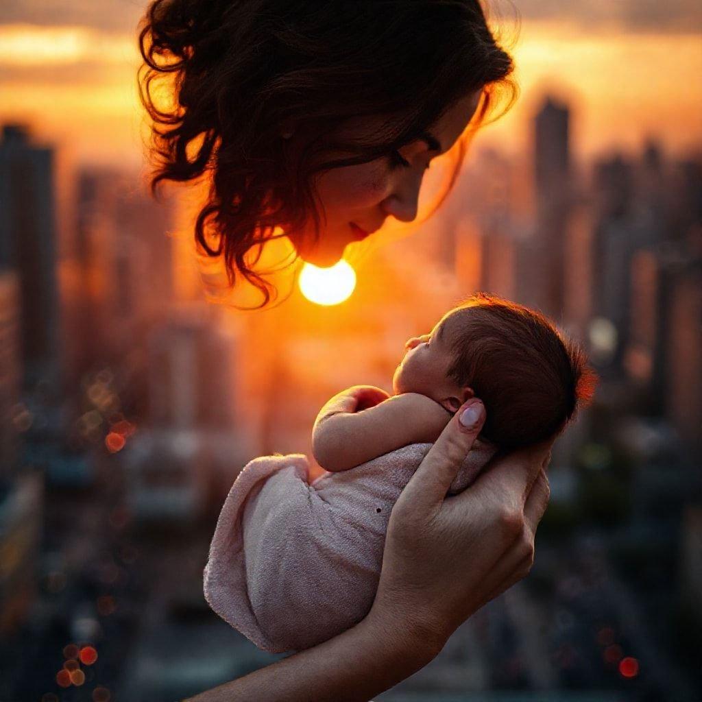 A heartwarming scene of a mother and baby sharing a tender moment as the sun sets over the city skyline.