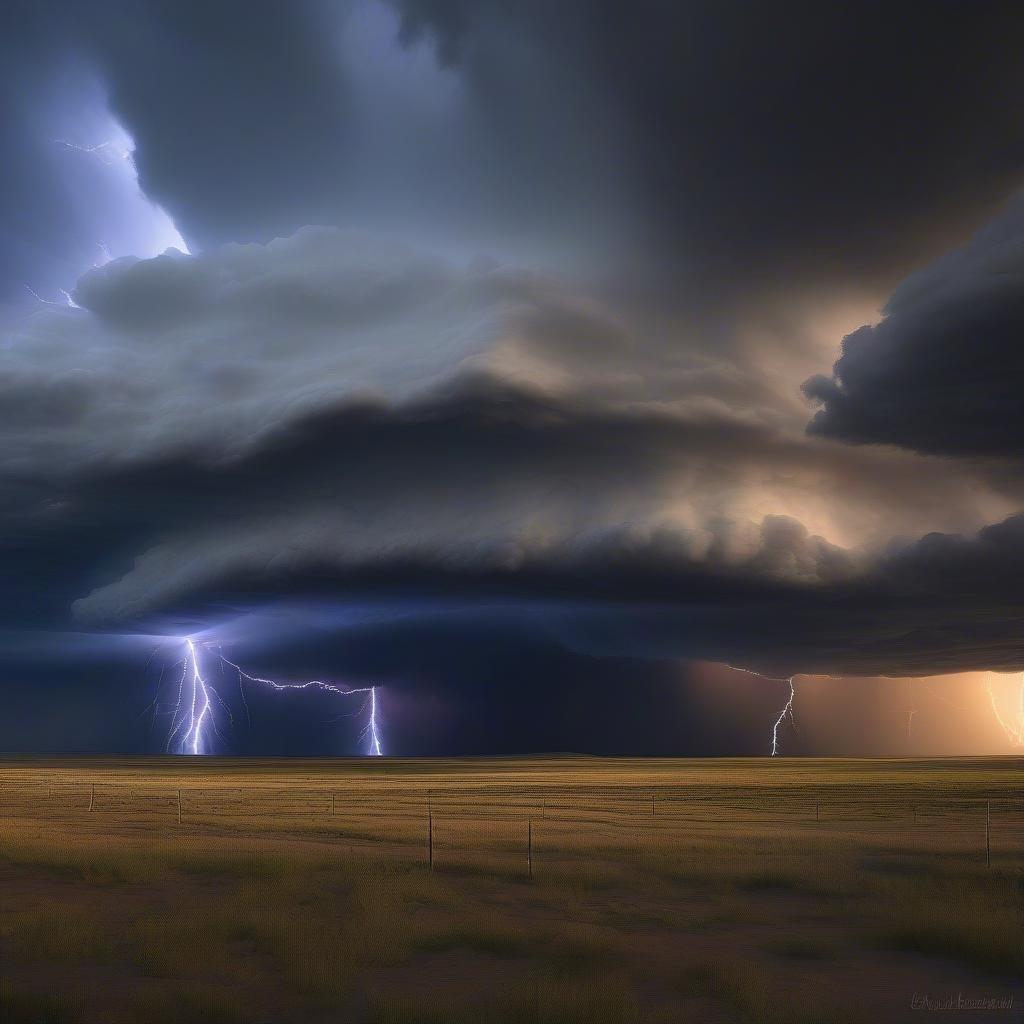 A dramatic and intense scene of a lightning storm over a vast, open field.