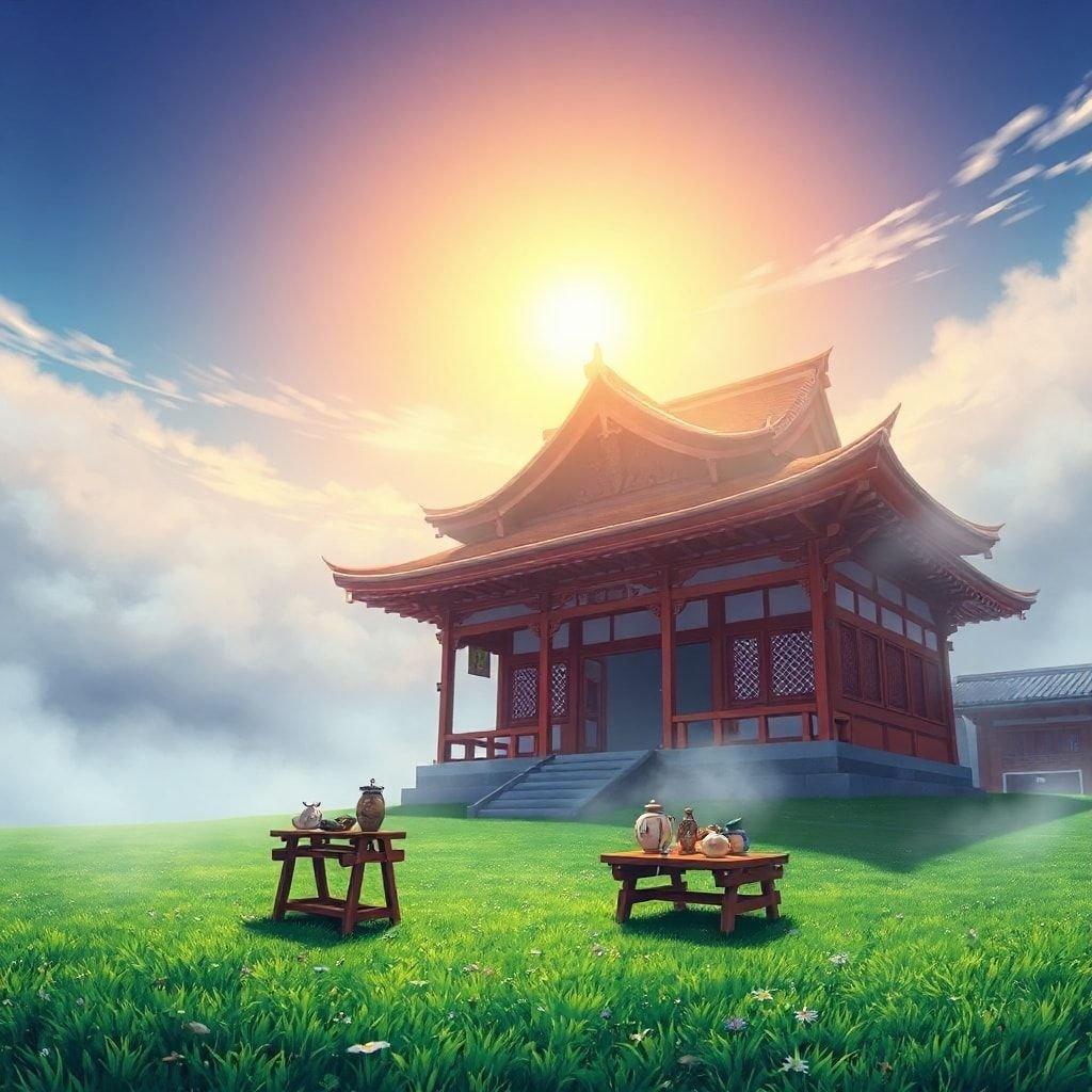 Immerse yourself in the serene beauty of this anime temple wallpaper, featuring a misty atmosphere and a stunning Japanese temple at dawn.