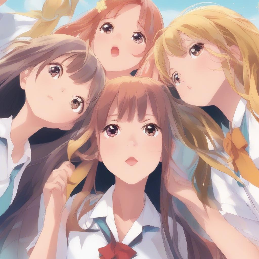 Ce fond d'écran anime captivant présente un groupe de filles d'école se tenant sur un seul point, chacune vêtue de couleurs différentes. L'image dégage une sensation de tranquillité, les visages des filles convergeant vers un point unique, créant un effet semblable à celui de l'anime.