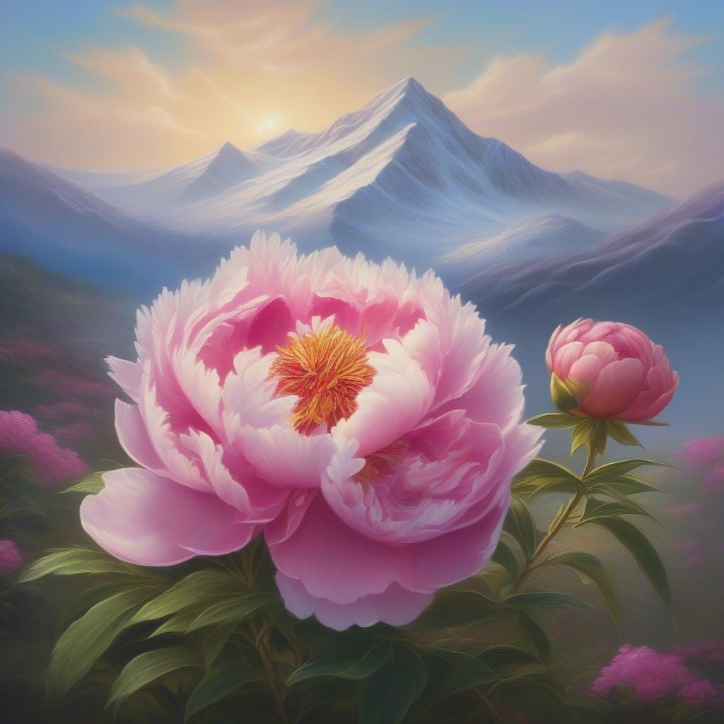 This captivating wallpaper showcases the stunning beauty of nature. A majestic mountain stands tall in the backdrop, while a clearing teeming with vibrant pink and white peonies takes center stage. The serene scene is bathed in soft, warm sunlight that casts long shadows and highlights the delicate petals of the flowers. The image exudes a sense of tranquility and harmony between nature's elements.