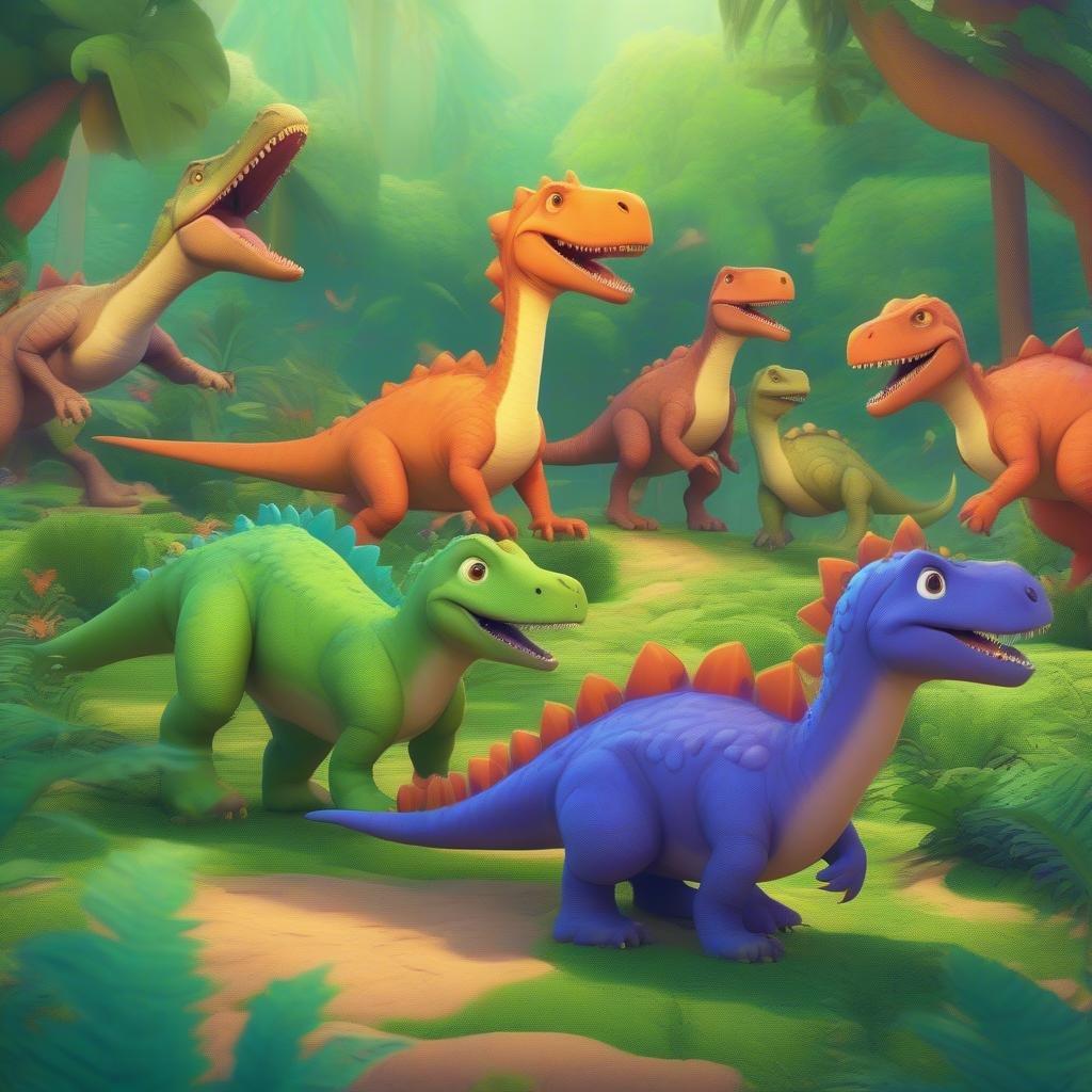 This wallpaper features a colorful group of cartoon dinosaurs in a lush, green forest. The scene is full of life and energy, with the dinosaurs playing and interacting with each other. The bright colors and fun design make it perfect for kids' rooms or playrooms.