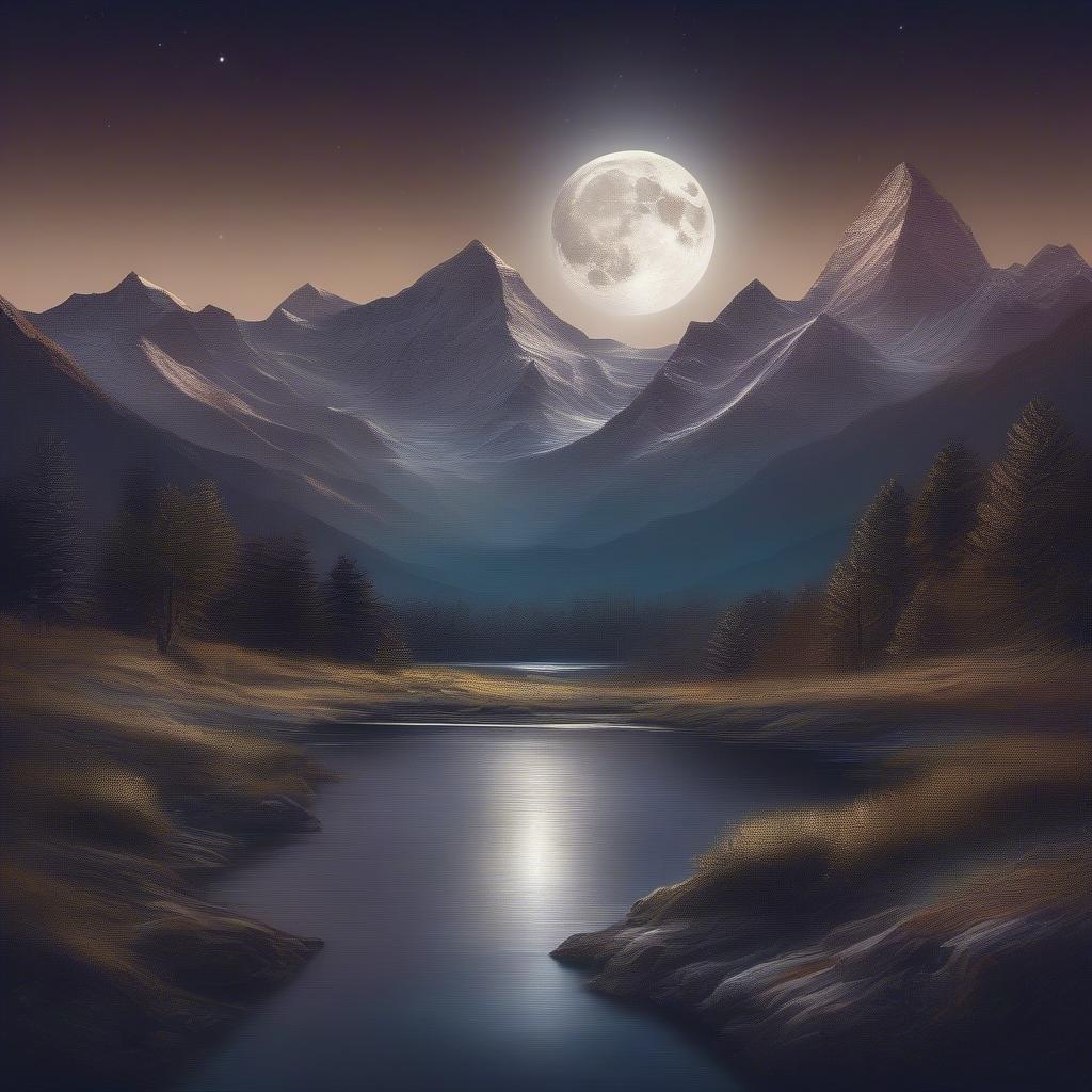 Une scène nocturne sereine mettant en vedette une majestueuse chaîne de montagnes sous la pleine lune. L'eau tranquille d'une rivière reflète la lune brillante et les étoiles, renforçant l'ambiance paisible de cette scène pittoresque de nature sauvage.