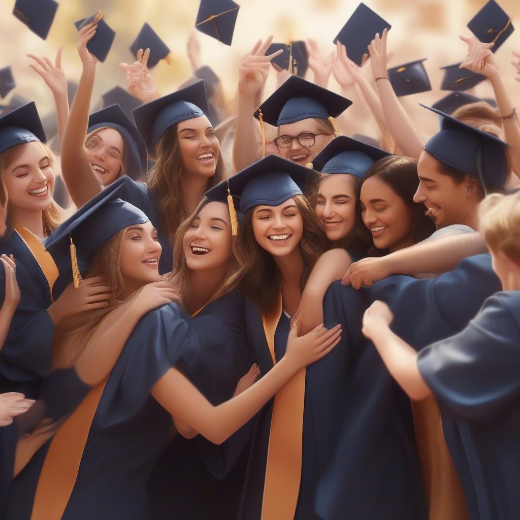 A joyous celebration at the graduation ceremony, with proud students in their caps and gowns sharing a hug of accomplishment and camaraderie.