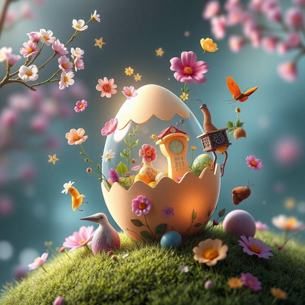 An enchanting celebration of the Easter tradition, this magical scene features a large golden egg nestled among vibrant flowers with dancing fairies and playful creatures gathered around, all under a starlit sky. Truly an egg-ceptional tableau for your desktop or mobile device!