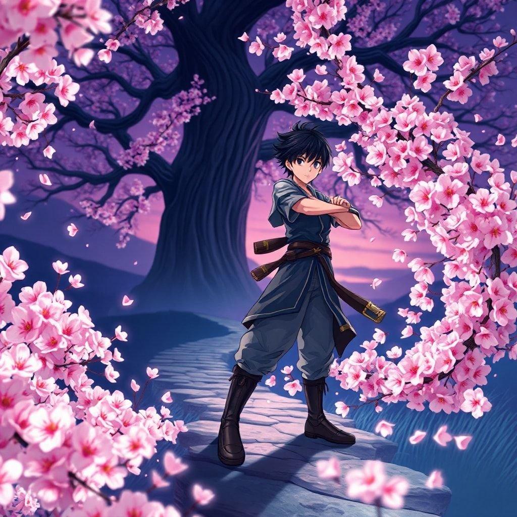 This anime wallpaper features a young warrior standing tall in a swirling vortex of cherry blossoms. The warrior's powerful pose is set against a winding path that leads to a distant, mysterious figure who appears to be a hero or a hero. The background is a blurry, dark landscape with a large tree trunk and branches, adding depth to the scene.