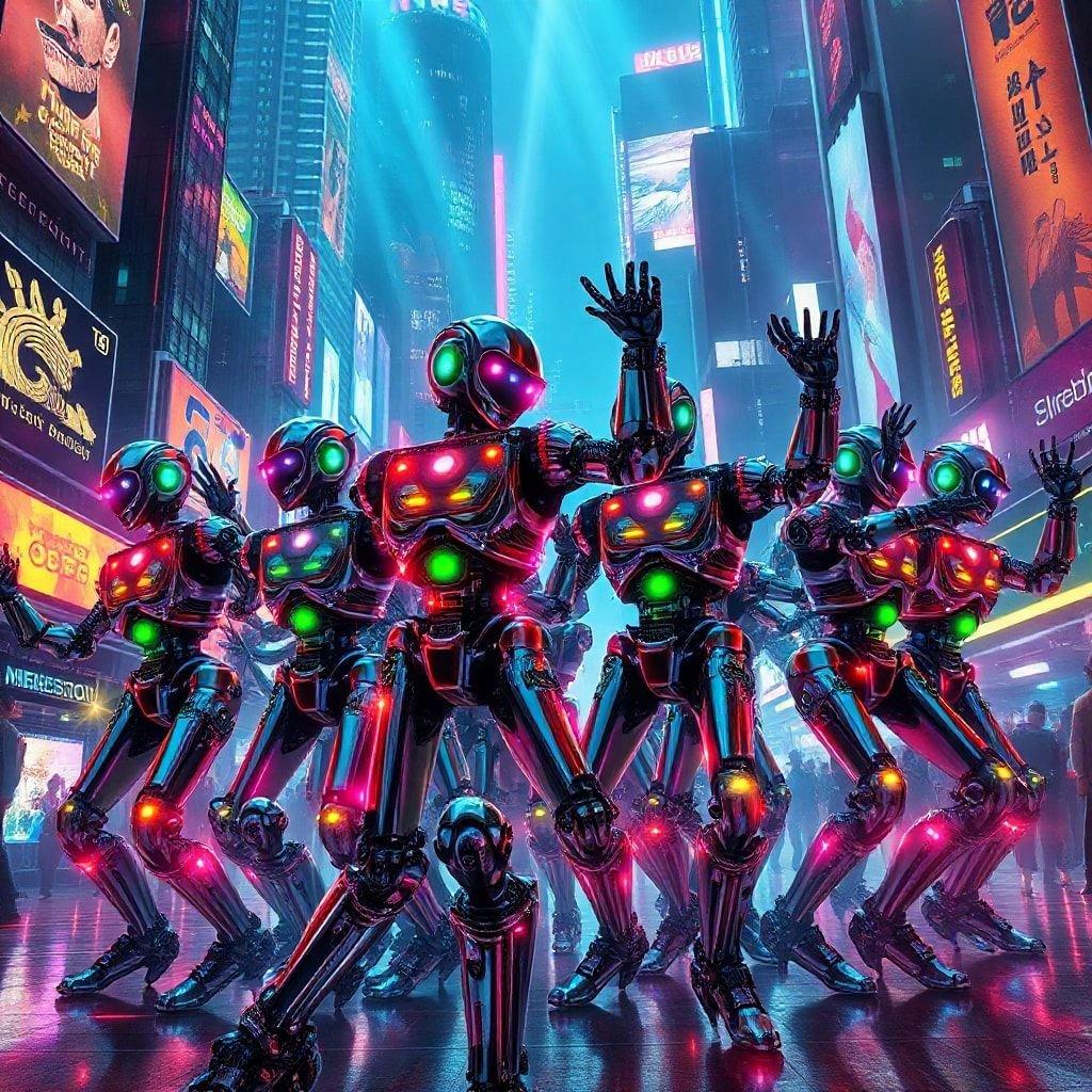 This vibrant wallpaper showcases a group of robots in a bustling futuristic city, bringing a touch of anime style to your desktop or mobile device.