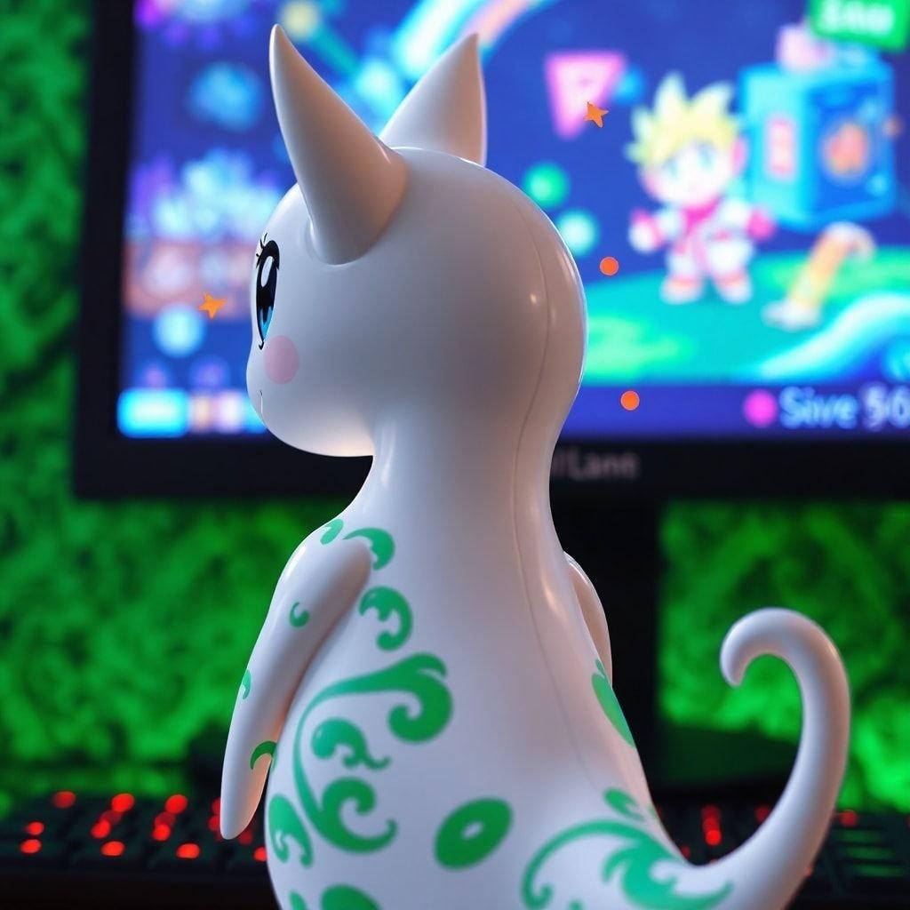 This anime wallpaper features a white, anime-style character with a green and blue patterned background, gazing at a video game on a computer screen. The character's head is turned to the left, while its tail points to the right. The screen displays a cartoonish character, accompanied by two small red dots that appear to be pointing at the character.