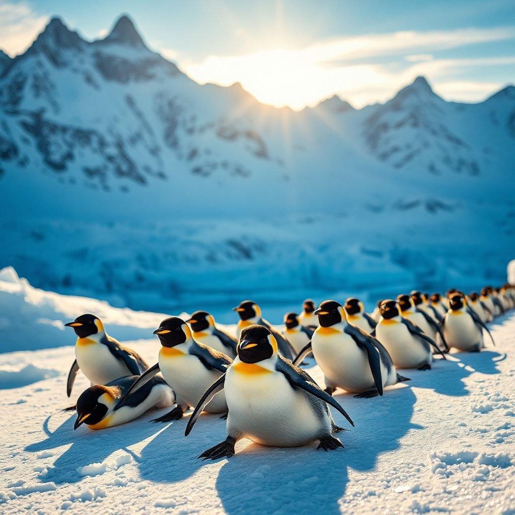 Un'immagine straordinaria di un gruppo di pinguini re in piedi nella neve, che mostrano le loro uniche piume bianche e nere e le macchie gialle sul petto. I pinguini sono in fila, rivolti verso la fotocamera, con le pinne tenute vicino ai corpi. Lo sfondo è una catena montuosa mozzafiato coperta di neve, con il sole che brilla intensamente sopra di loro.