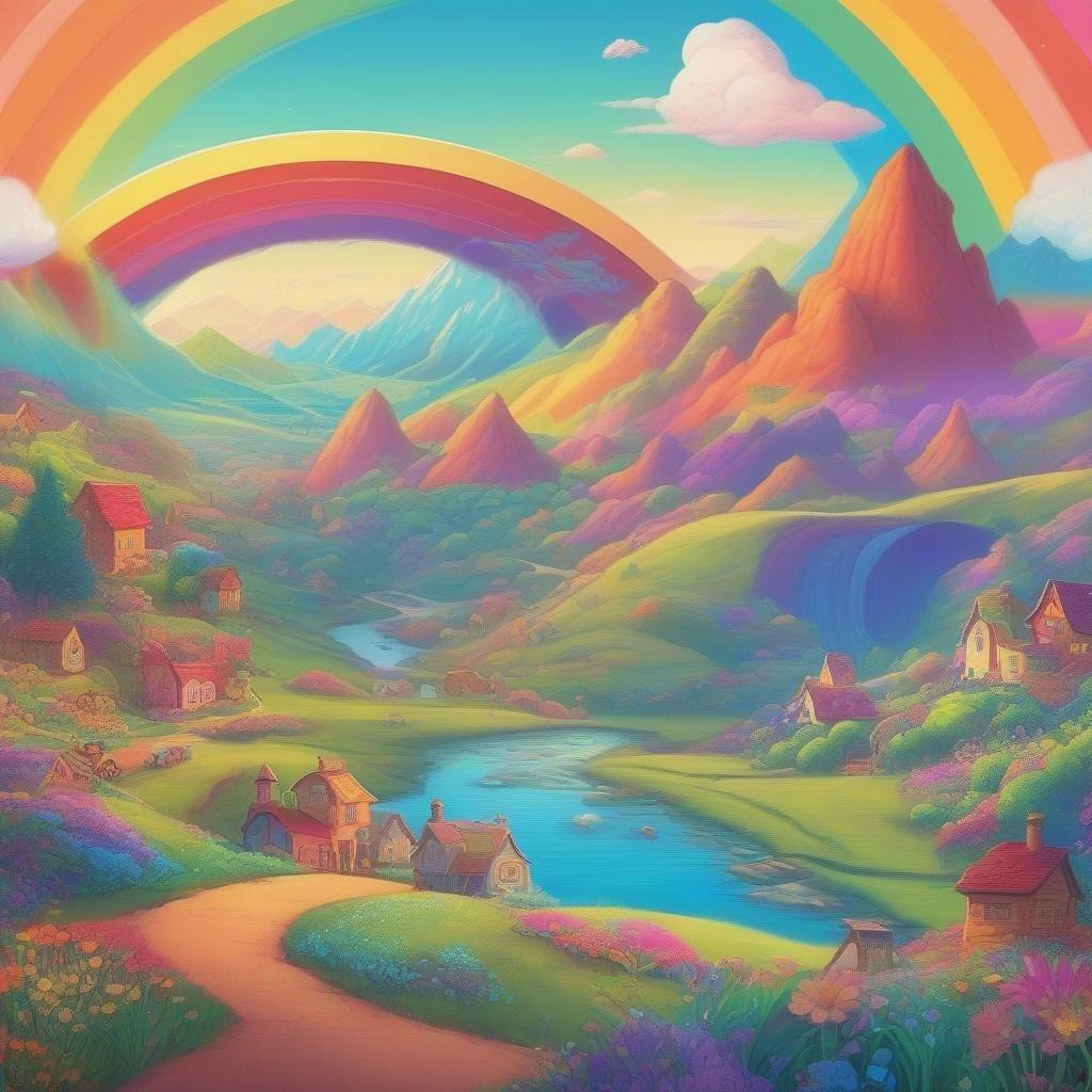 A colorful, cartoon-style scene featuring a picturesque valley with rainbows and houses for kids and imagination lovers.