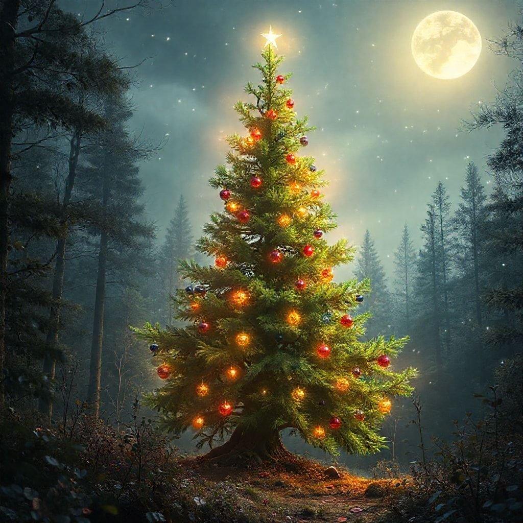 This Christmas wallpaper features a beautifully decorated tree in the middle of a forest, creating a cozy and festive atmosphere. The tree is adorned with colorful ornaments and lights, adding to the holiday cheer. The forest background provides a serene and natural setting, making this image perfect for the holiday season.