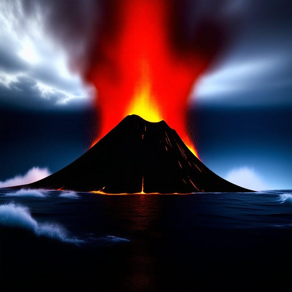 La majestuosa erupción del volcán crea una escena espectacular contra el telón de fondo del océano, con lava roja vibrante iluminando las profundas aguas azules y el cielo.