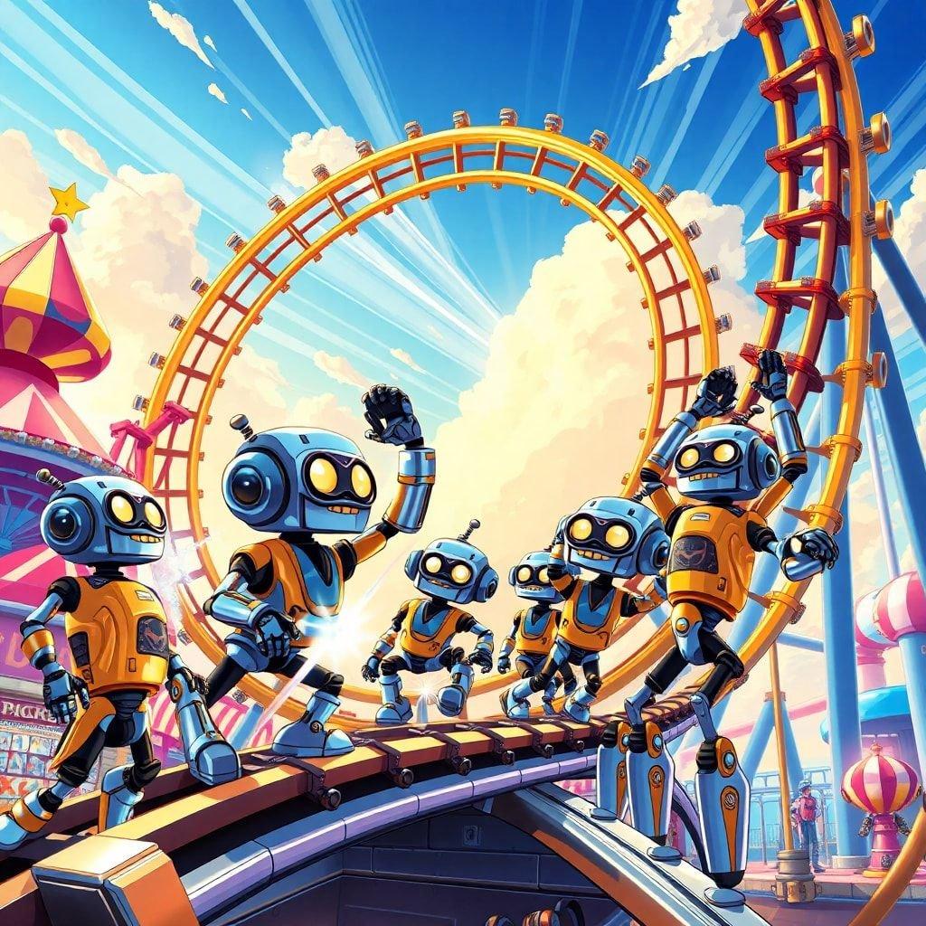 Robots are enjoying a day out at an amusement park, taking a thrilling ride on the carousel. The cheerful atmosphere and bright colors make this image perfect for wallpapers.