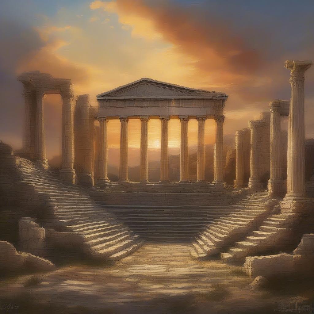 Discover the grandeur of an ancient Greek temple, bathed in the warm hues of a sunset. The ruins stand as a testament to a bygone era, their stone columns reaching towards the clear sky.