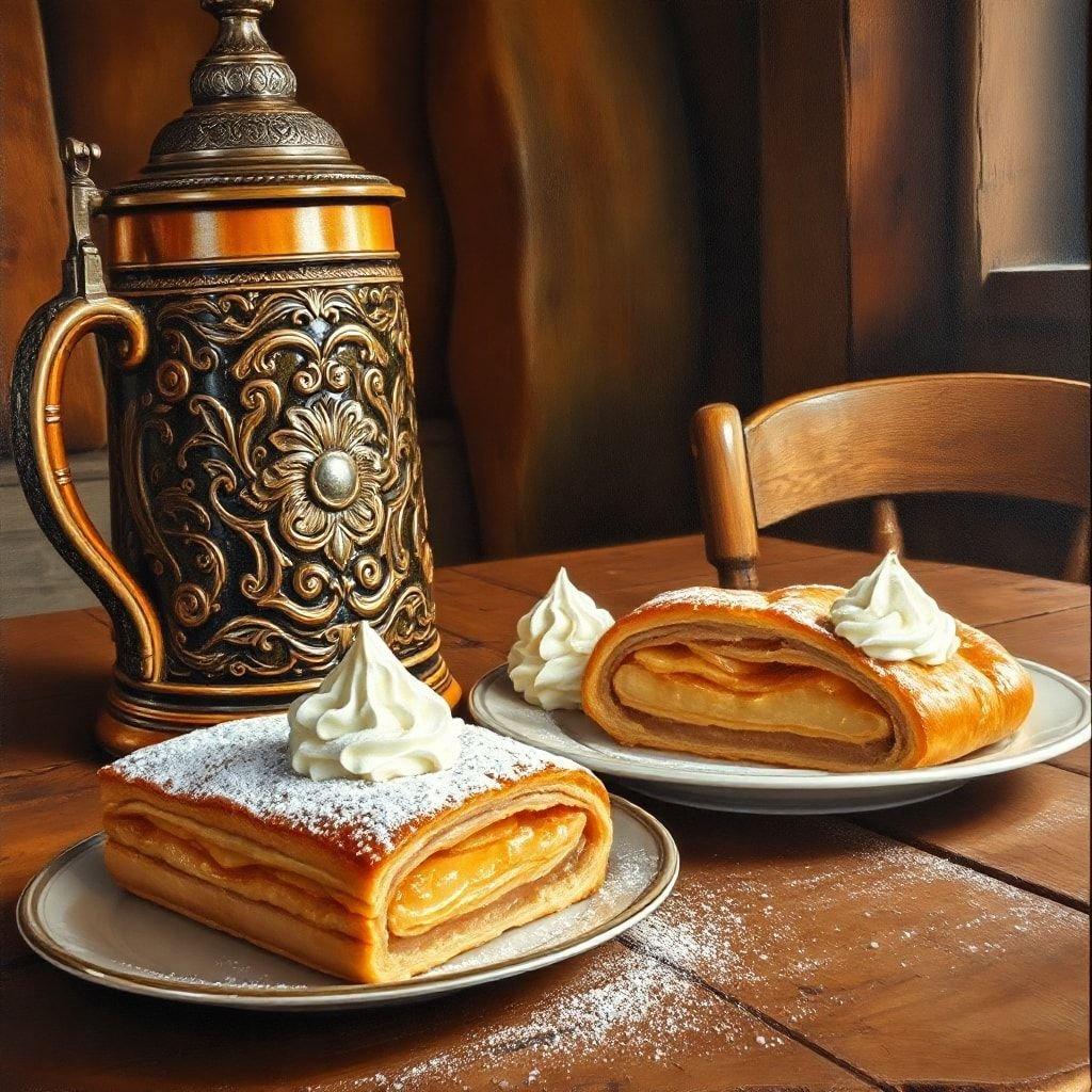 This image captures the essence of Oktoberfest, a world-famous German beer festival. The image features two plates of traditional German food, a stein, and a wooden table, all set against a backdrop of a wooden wall. The atmosphere is lively and festive, with the warm lighting and inviting food creating a sense of joy and celebration.