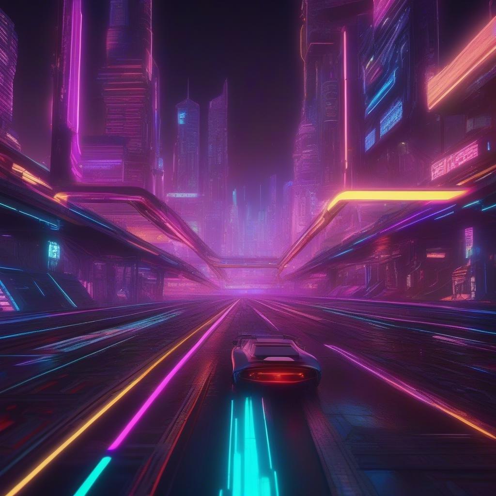 Drive into the neon-lit, cybernetic future on a high-speed chase through a stylized cityscape.