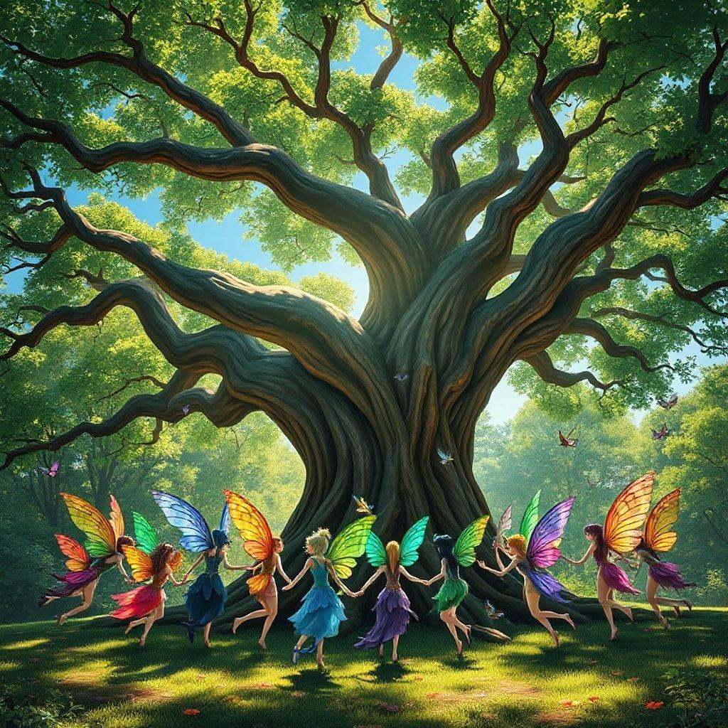 In this enchanting fantasy wallpaper, a group of fairies dance around a majestic tree, their iridescent wings shimmering in the sunlight. The tree's gnarled branches stretch towards the sky, its leaves a vibrant green. The fairies' delicate forms are a testament to the beauty of nature, and their joyful dance is a celebration of life and wonder.