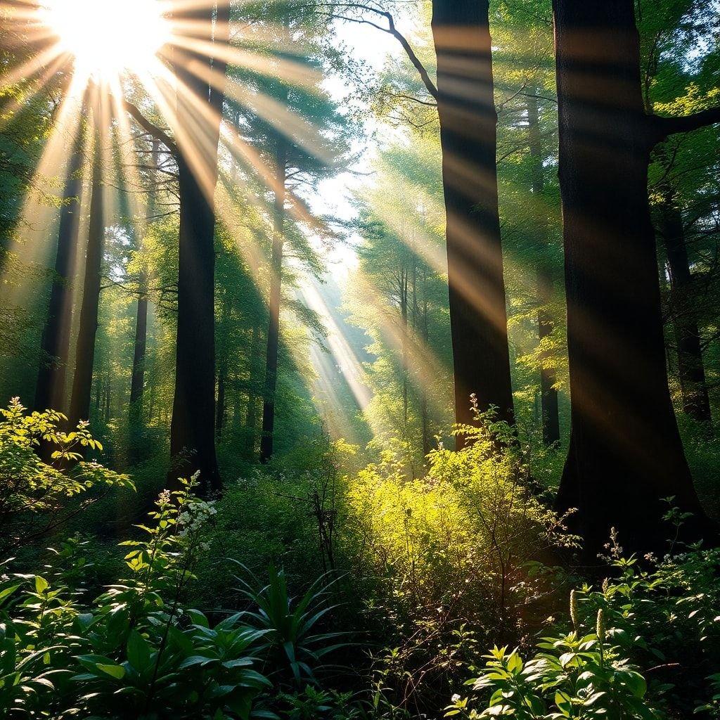 A serene and peaceful scene of a sunset in the forest, with the sun's rays filtering through the trees.