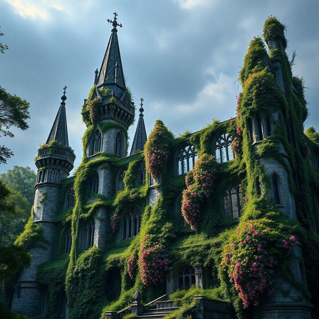 An ancient, ivy-covered castle with gothic architecture stands as a testament to the past, now overgrown with nature.