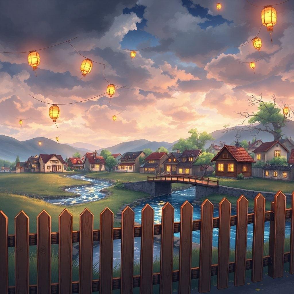 Immerse yourself in the serene beauty of this anime village, where the sky is painted with clouds and the air is filled with the soft glow of tiny floating lanterns.