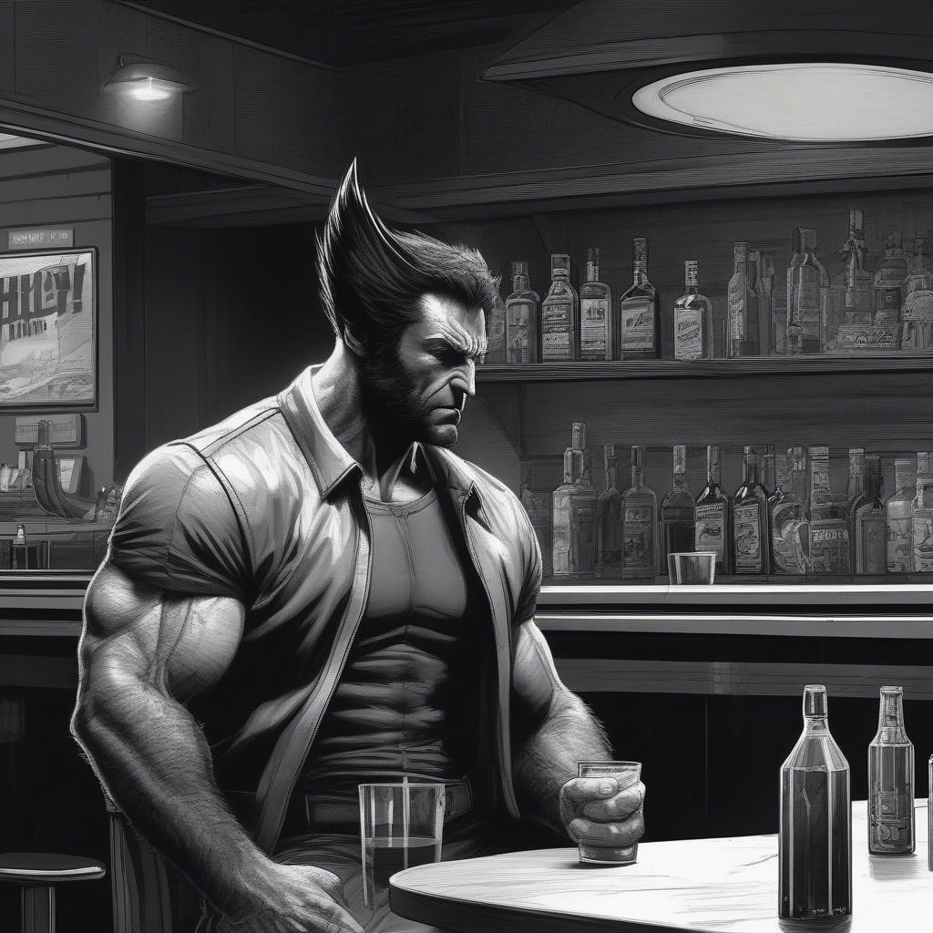 This image is a casual desktop wallpaper featuring Wolverine from the X-Men franchise. The wallpaper showcases Wolverine sitting at a bar, enjoying a drink and taking a break from his superhero duties. The image is rendered in a realistic style, with detailed textures and lighting that bring the scene to life.