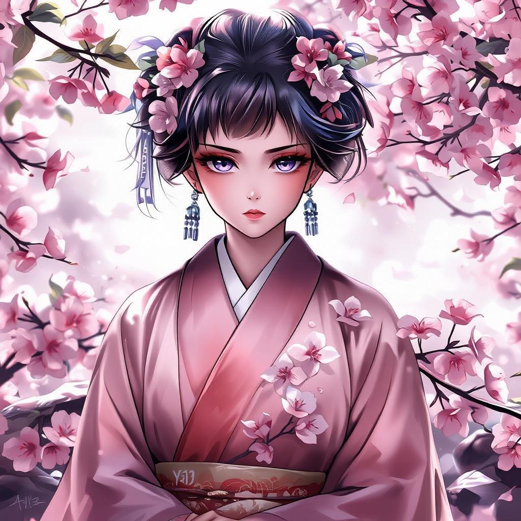 En lugn och detaljerad animeillustration av en geisha i en vit dräkt, prydd med rosa körsbärsblommor. Konsten fångar ett ögonblick av lugn, där geishan försiktigt ser på betraktaren genom ett slöja av rosa blommor.