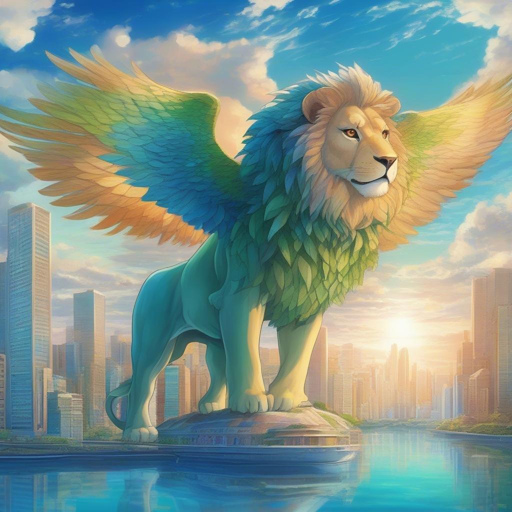 Cette illustration de style anime présente un lion majestueux avec les ailes déployées, s'élevant dans le ciel au-dessus d'une ville animée. Les ailes du lion sont un kaléidoscope vibrant de bleu et de vert, tandis que le paysage urbain en dessous se reflète dans l'eau, créant un sentiment de mouvement et d'énergie.