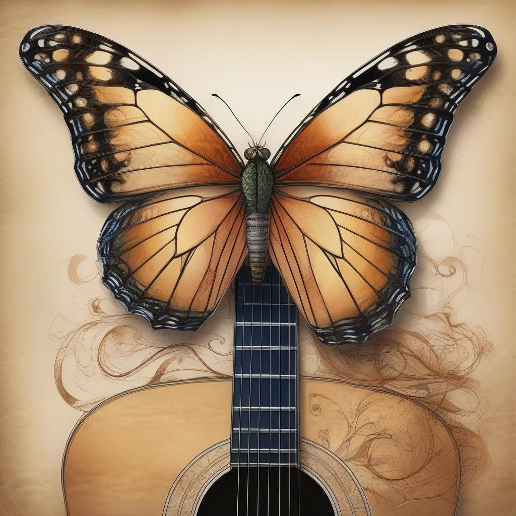 Unwind with this serene music-themed wallpaper featuring the harmonious symbol of rebirth, the butterfly, set against a guitar. Embrace your inner melody and enjoy the soothing ambiance.