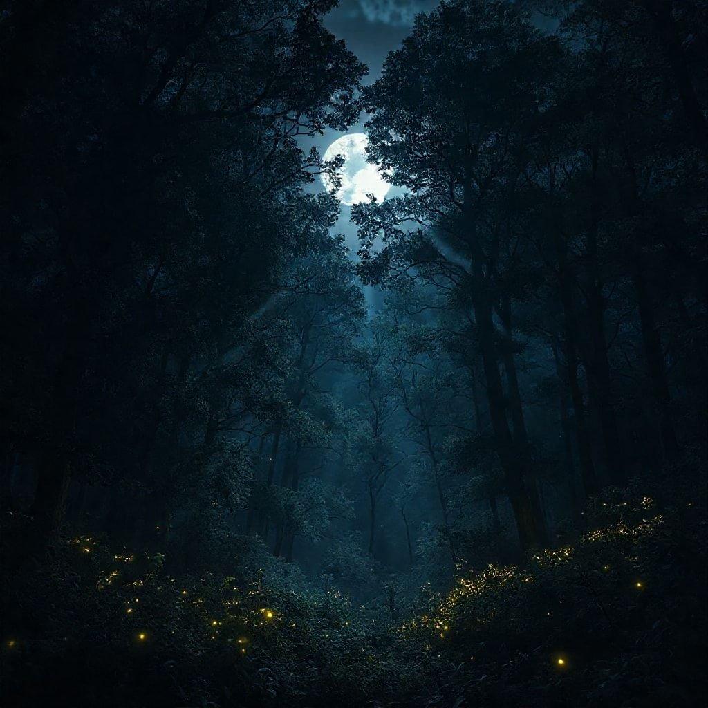 A tranquil journey through the woods at night, illuminated by a full moon. The path is lit with small glowing lanterns, casting a magical ambiance and guiding one's way.