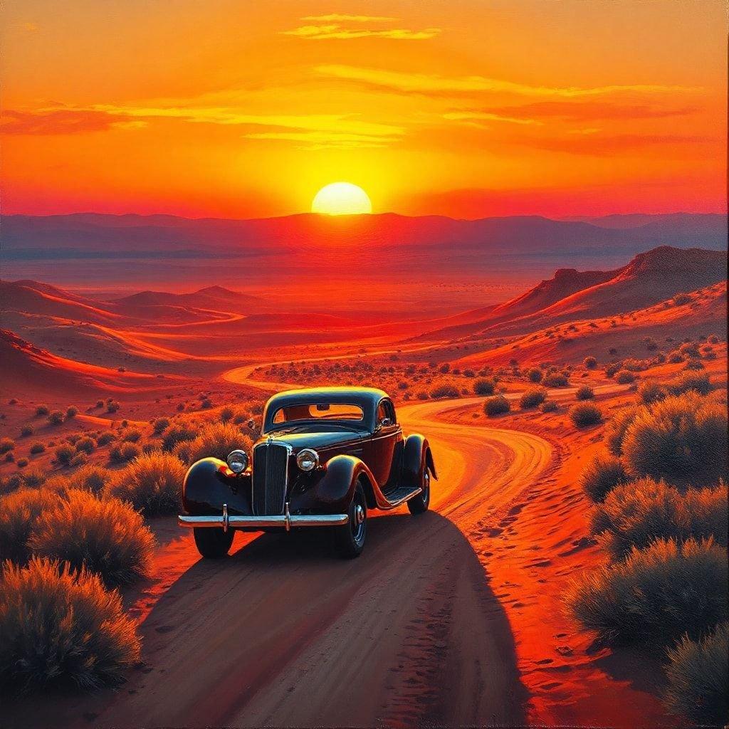 An old-time classic car cruising down a desert road at sunset, embracing the spirit of Independence Day.