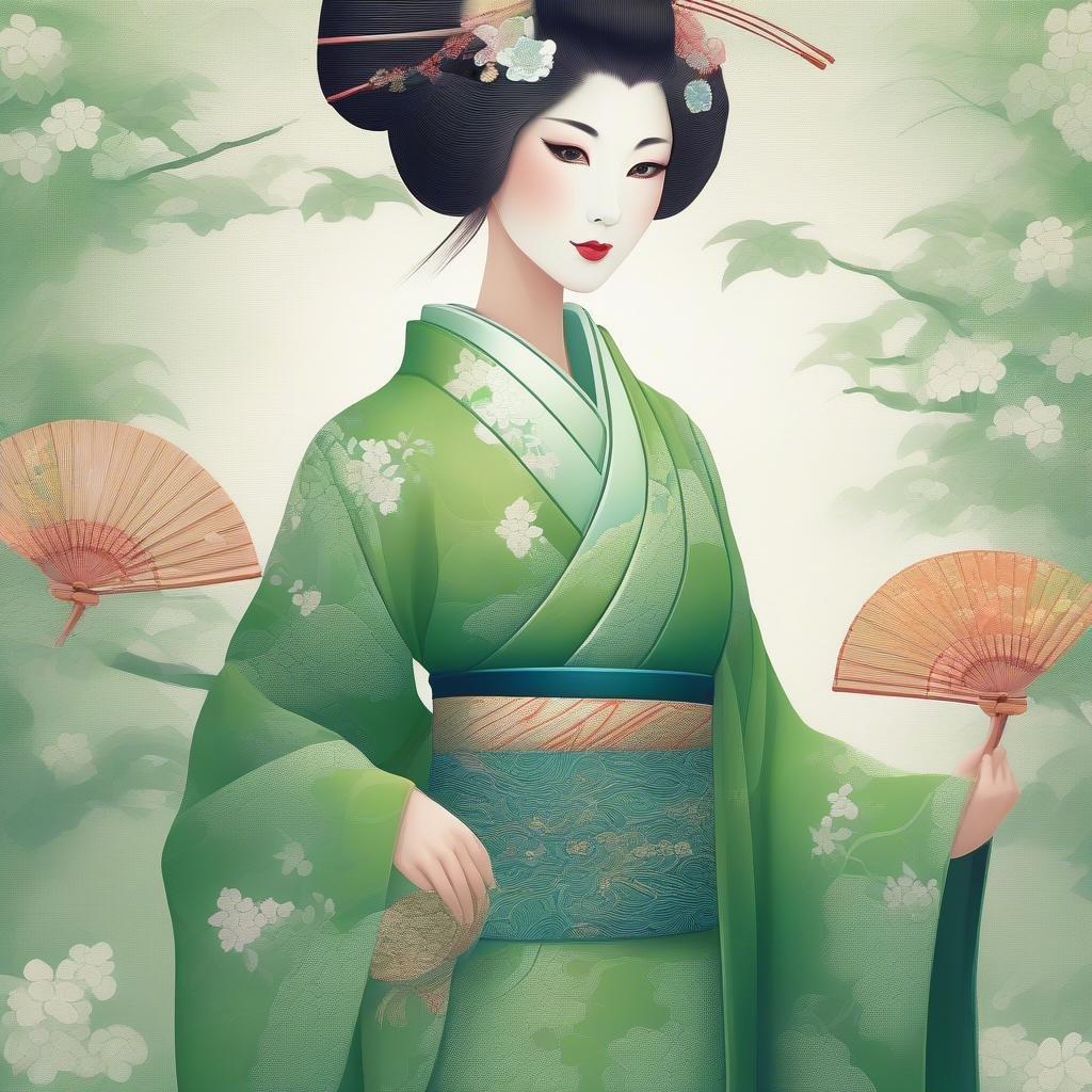 Una delicata geisha, adornata con un intricato kimono verde, si erge elegante tra elementi nebbiosi. L'immagine combina la bellezza naturale con elementi fantastici, creando un'armonica fusione di natura e arte.